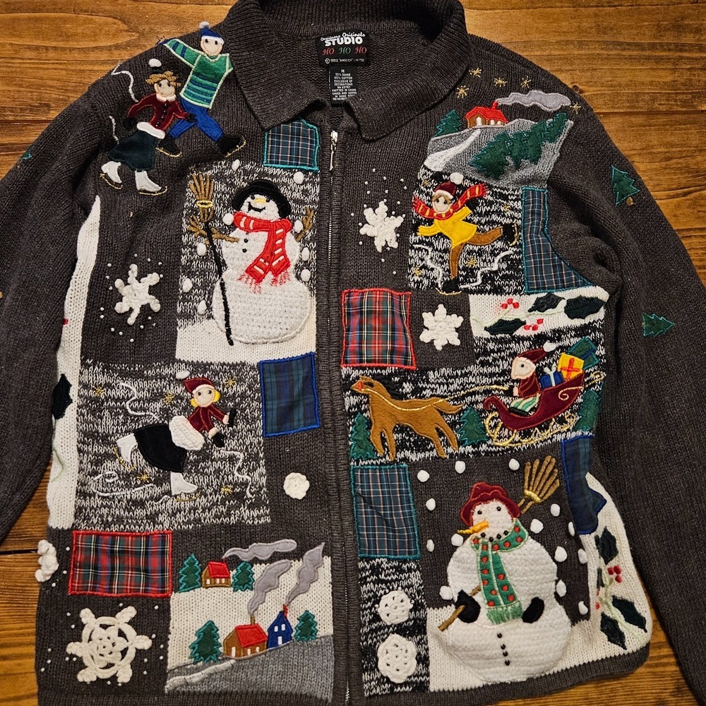 Vintage Studio Ho Ho Ho Christmas Sweater Cardigan Zip‎ Up Snowman Women's Med